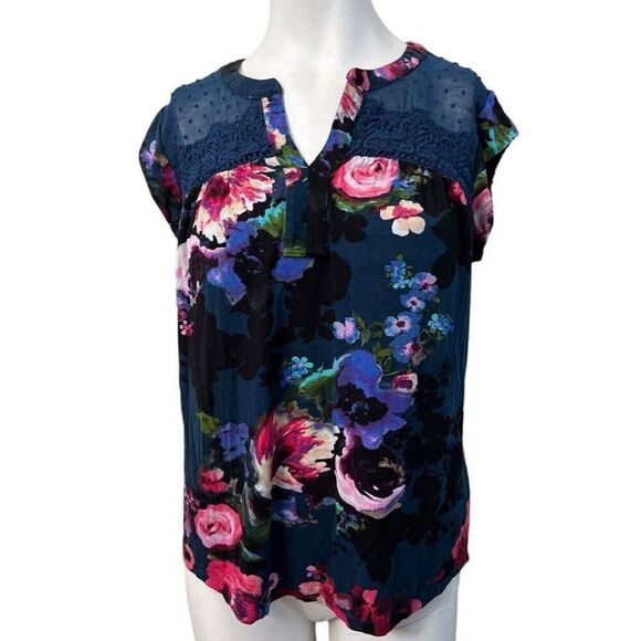 Daniel Rainn Ladies Small Dark Blue Floral Top Swiss Dot Chiffon Lace Blouse - Picture 1 of 7